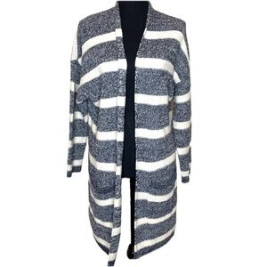 Lucky Brand Open Knit Blue White Stripe Long a cardigan Sz M